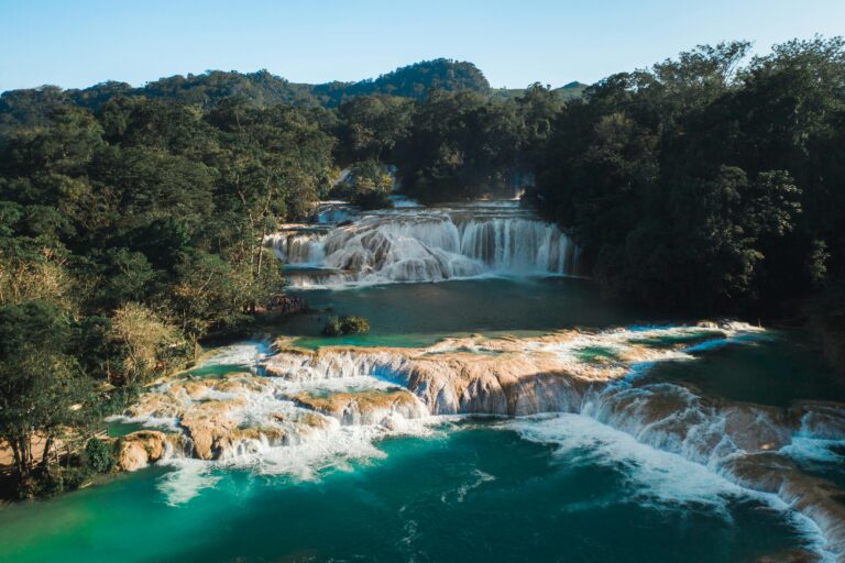 Stunning aerial shot of Agua Azul waterfalls surrounded by lush forest in Chiapas, Mexico.